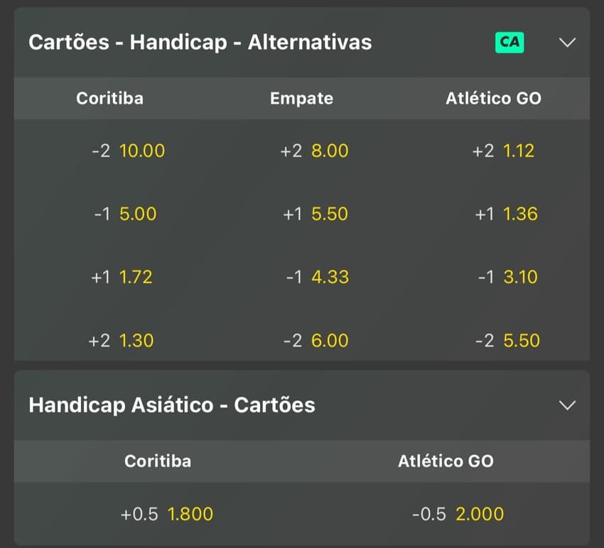 Captura de tela de cartões na Bet365 feita no dia 09/10/2025