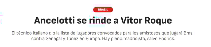 Matéria do Diario AS repercutindo a presença de Vitor Roque na lista de convocados de Ancelotti (Foto: Reprodução/AS)