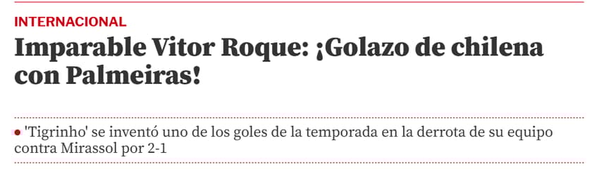 Matéria publicada pelo Mundo Deportivo ressaltando o golaço de Vitor Roque (Foto: Reprodução/Mundo Deportivo)