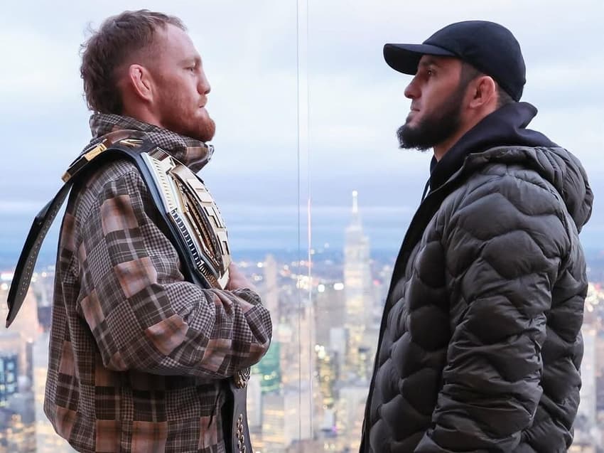 Primeira encarada de Jack Della Maddalena e Islam Makhachev do UFC 322 (Foto: Reprodução/UFC)