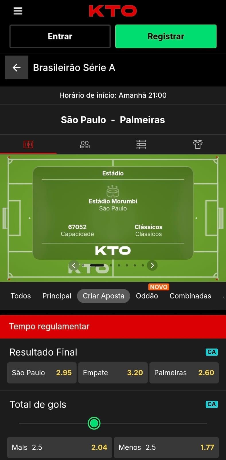 Captura de tela da KTO em um jogo do brasileirão com os mercados de apostas disponíveis para o recurso Criar Aposta.