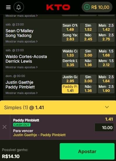 Captura da tela de apostas no UFC na KTO.