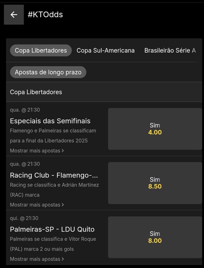 Captura de tela da seção KTOdds para esportes na KTO.