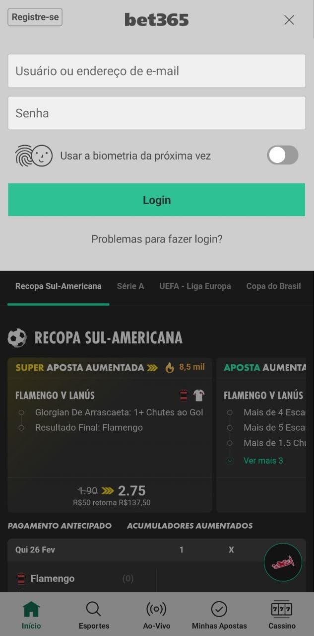 Captura de tela da página de cadastro da Bet365 no aplicativo Android.