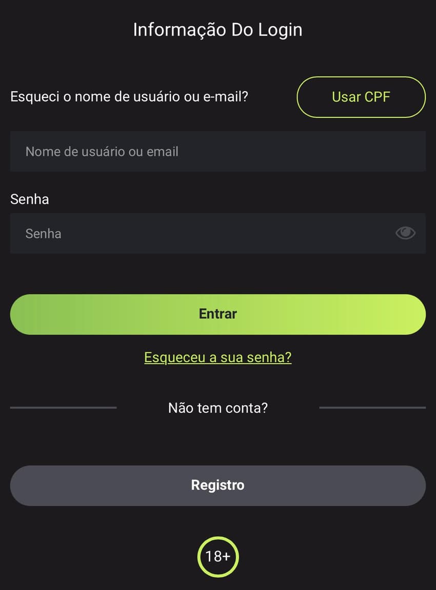 Tela de login na F12 Bet