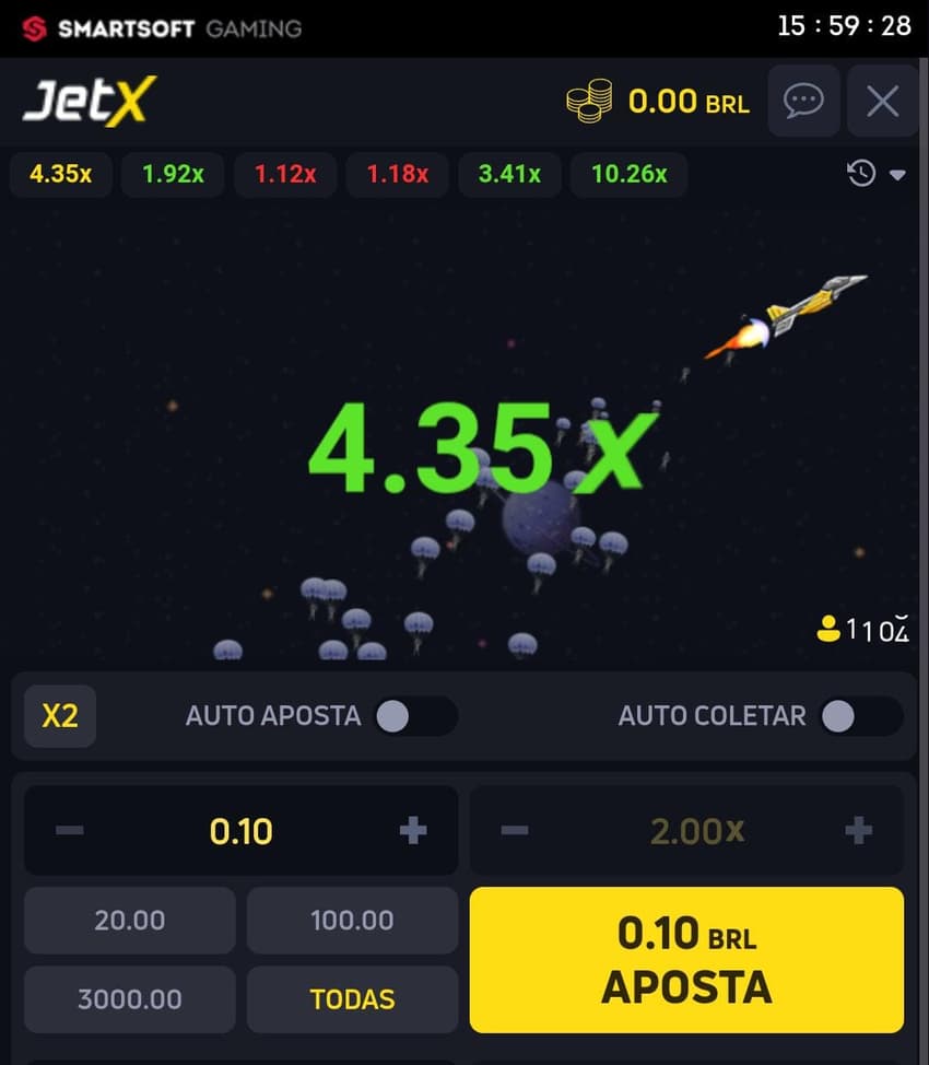 Captura de tela do melhor jogo de plataforma de 1 real, JetX, da Smartsoft Gaming.