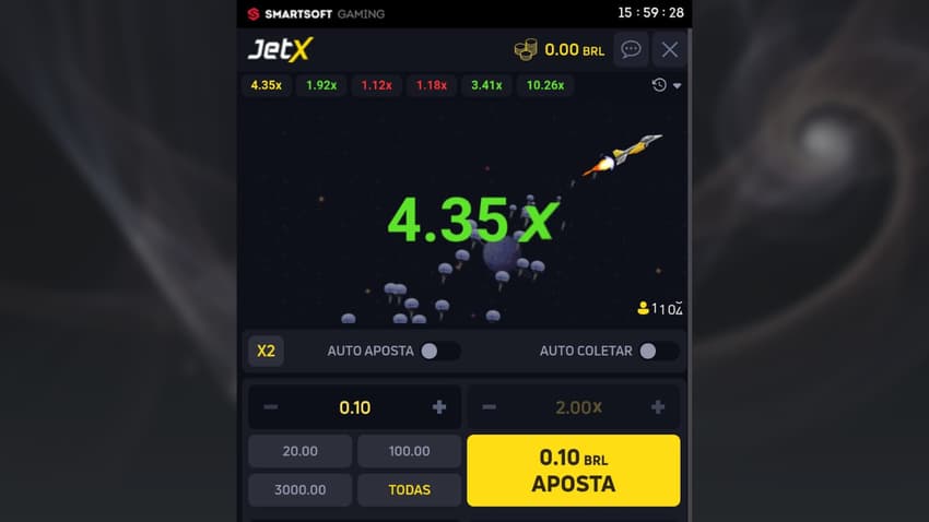 Captura de tela do melhor jogo de plataforma de 1 real, JetX, da Smartsoft Gaming