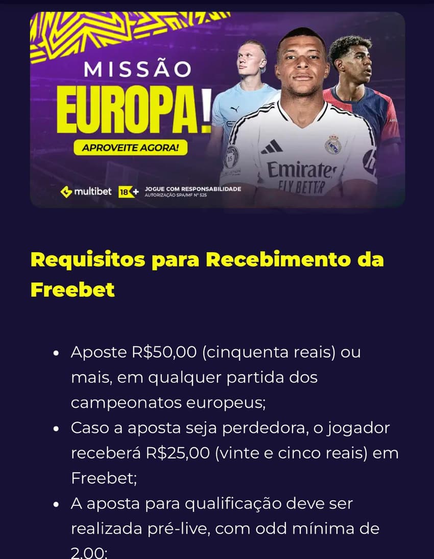 Captura de tela mostra a promoção de freebets na Multibet.