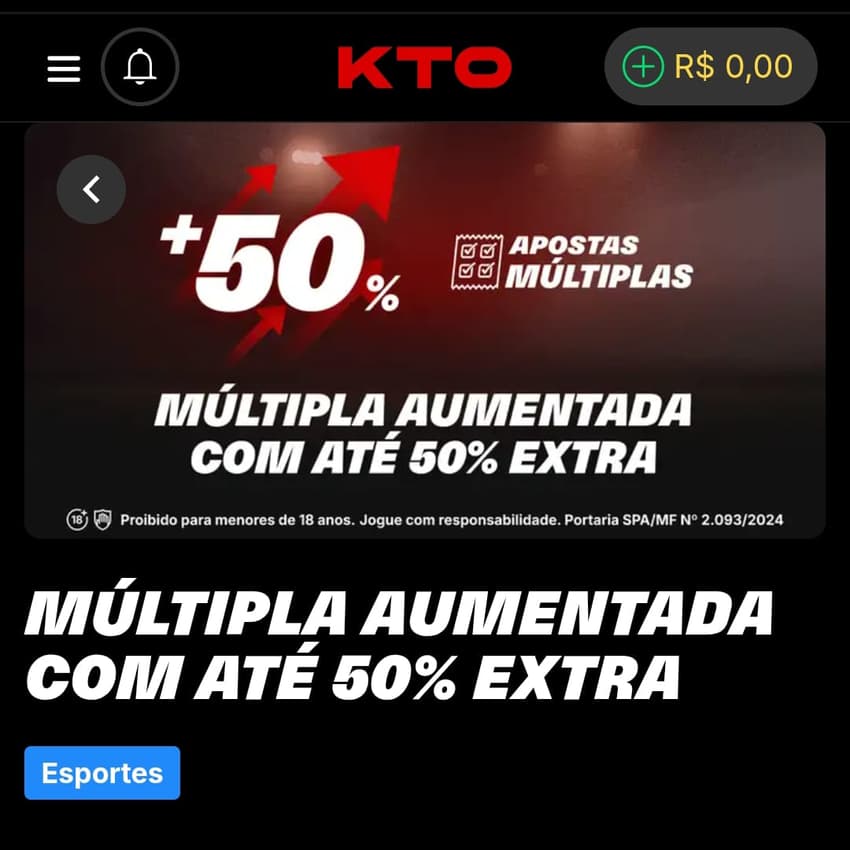 Captura de tela da oferta Múltipla Aumentada de até 50% na KTO.