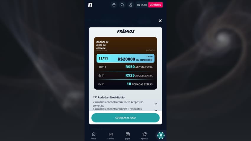 Captura da tela do Novi-Bolão na Novibet, uma plataforma que mais paga.