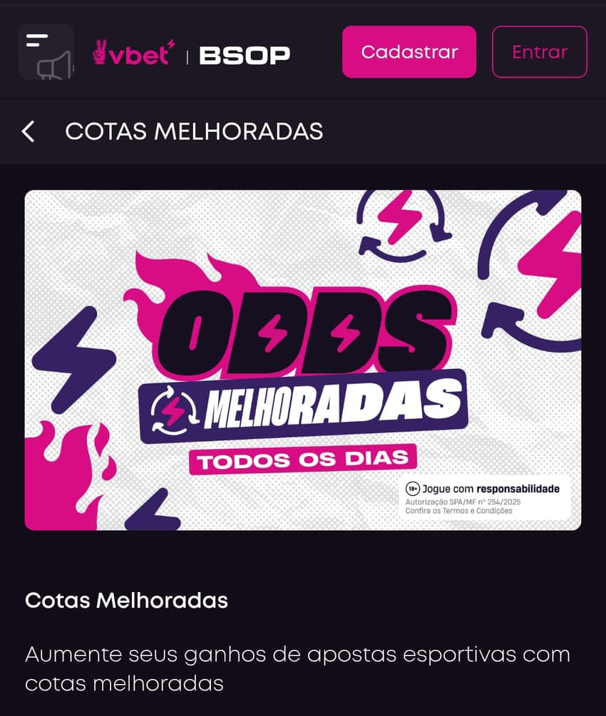 Captura de tela da seção de promoções da VBET com o bônus de Cotas Melhoradas.