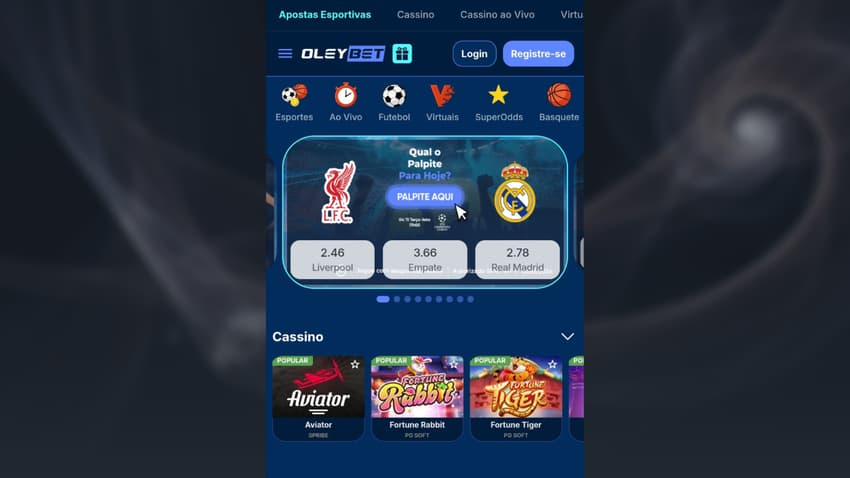 Captura da tela inicial da Oley Bet com palpites esportivos e jogos populares de cassino