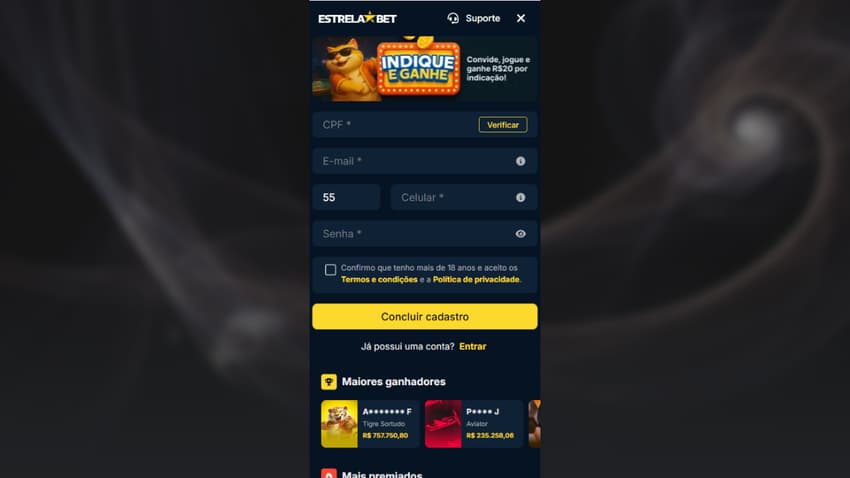 Formulário de cadastro sem código promocional Estrelabet