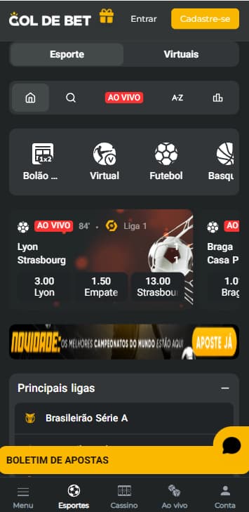 Home page da Gol de Bet com partida entre Lyon e Strasbourg ao vivo na Liga 1
