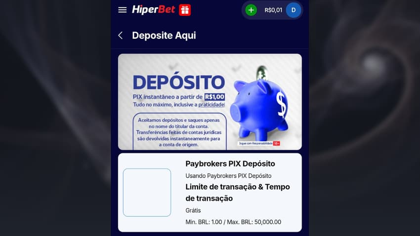 Captura de tela da plataforma de 1 real Hiperbet
