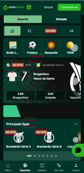 Esportes ao vivo na nova casa de apostas LotoGreen com destaque para Bragantino x Vasco da Gama no Brasileirão