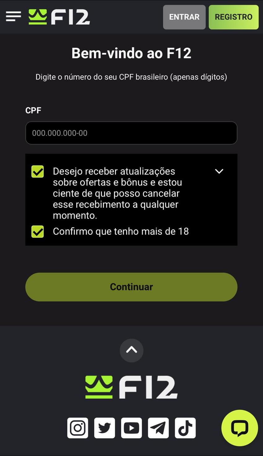 Captura da tela para efetivar o registro F12 Bet.