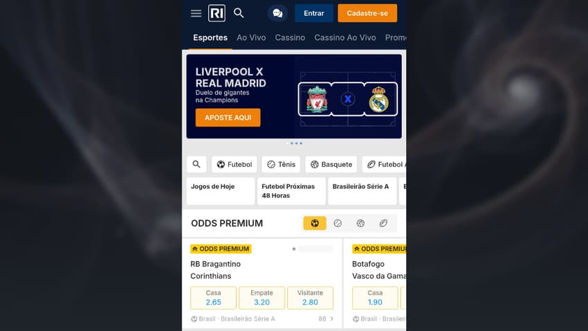 Captura da página oficial da Rivalo com os eventos esportivos populares do dia