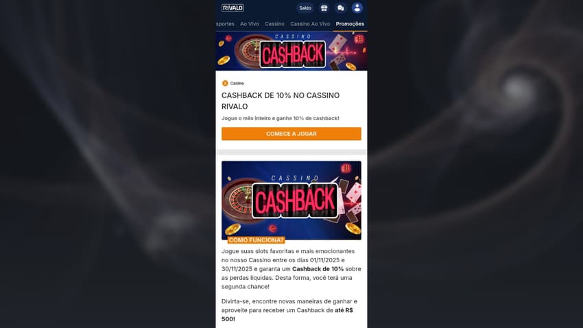 Página da promoção Cashback de 10% no Cassino Rivalo