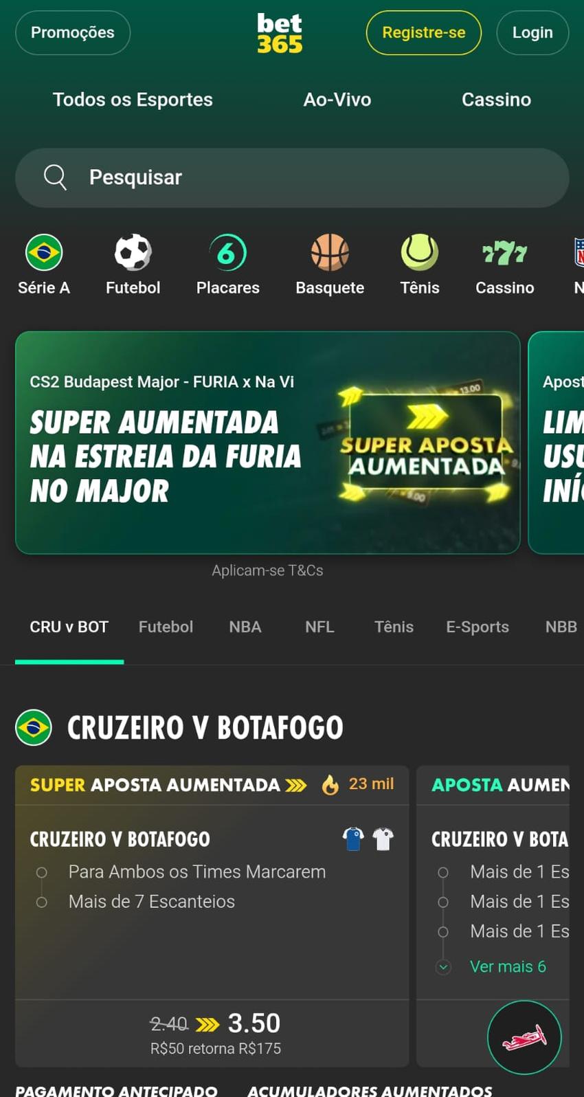 Captura de tela da página oficial da bet365 com esportes disponíveis, ofertas e jogos do brasileirão.