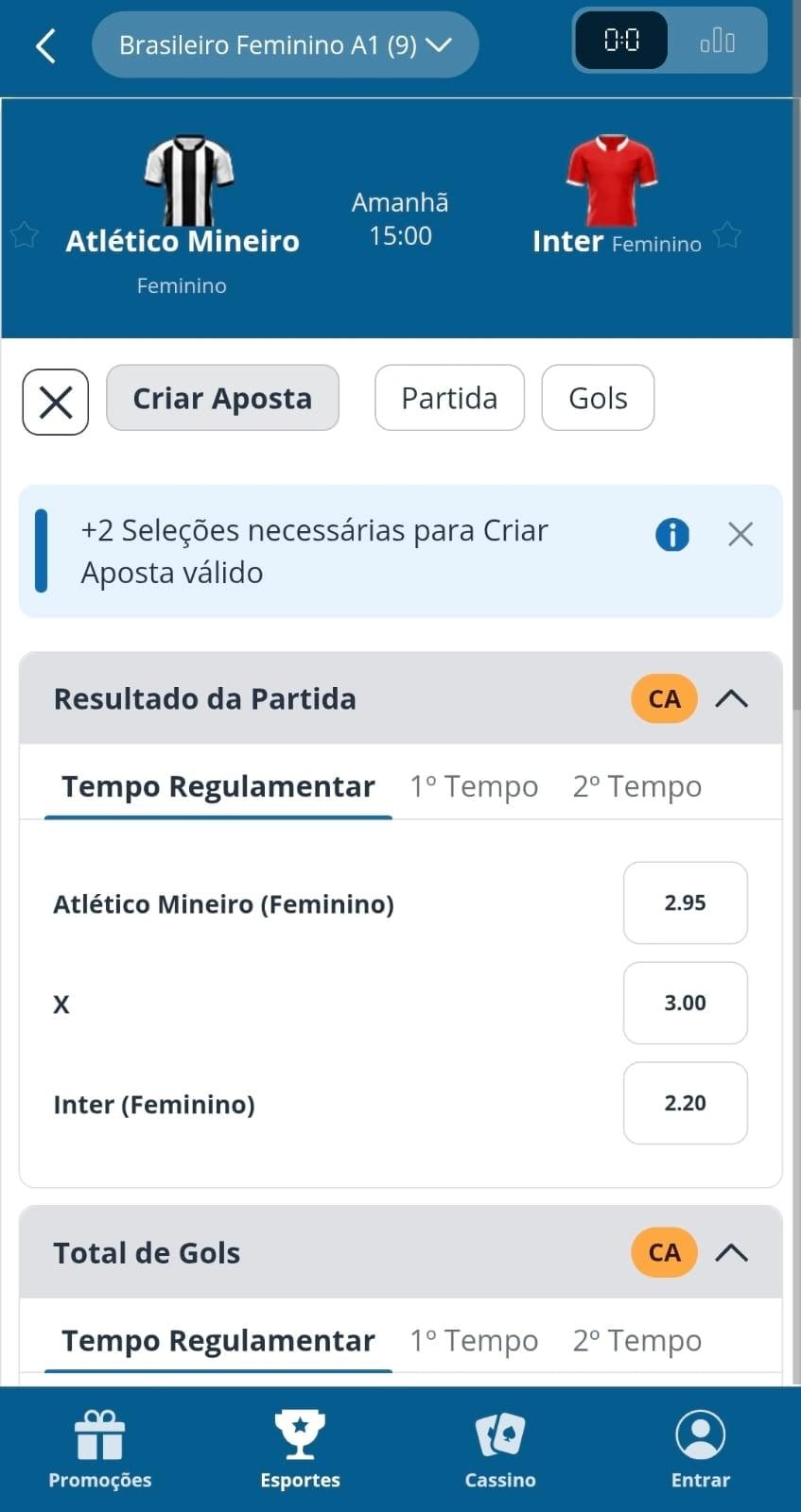 Captura de tela da ferramenta Criar Aposta da Sportingbet com os mercados válidos e dicas para palpites no Brasileirão.