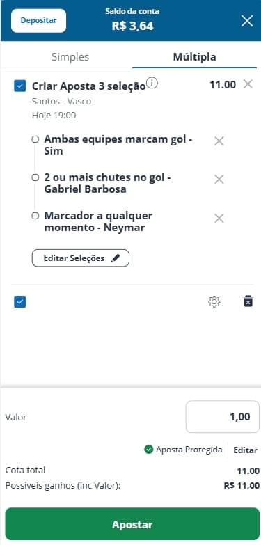 Bilhete de apostas na Sportingbet para Santos x Vasco com aposta protegida ativada