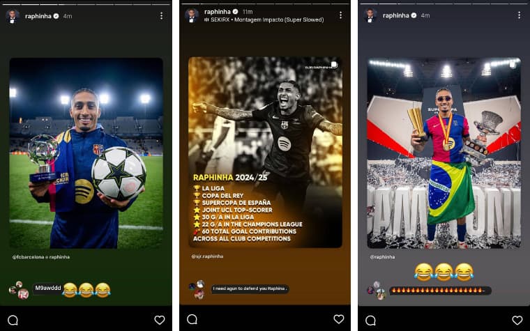 Stories de Raphinha após ficar de fora da seleção da FifPro