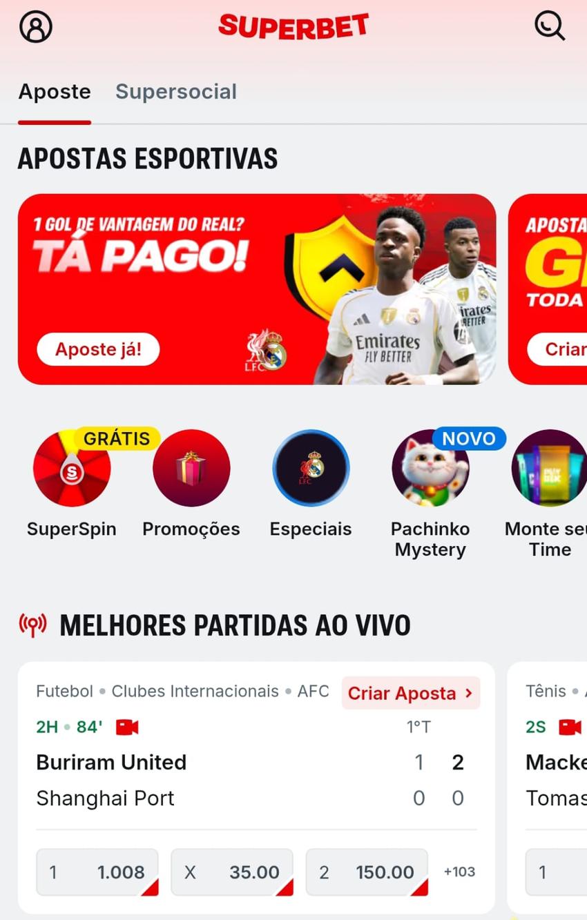Captura da tela inicial da bet autorizada Superbet.