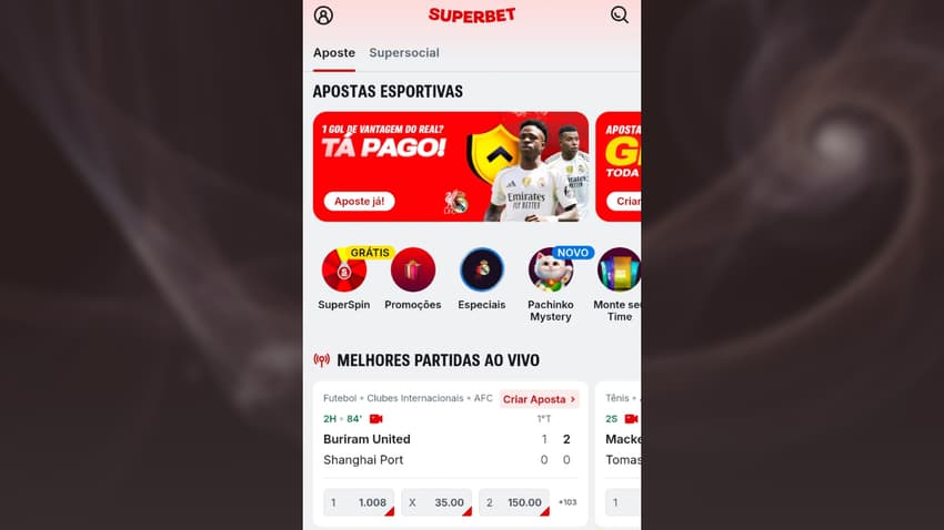Captura de tela da página de apostas esportivas da Superbet