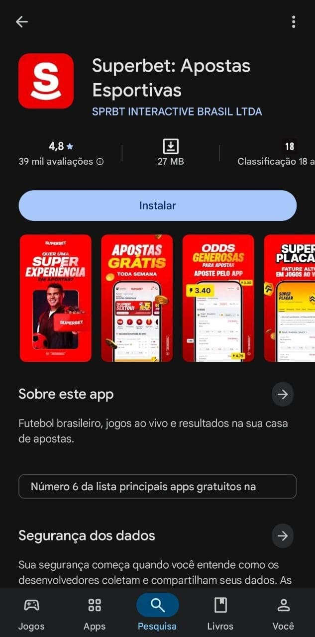 Aplicativo Superbet para download na Play Store