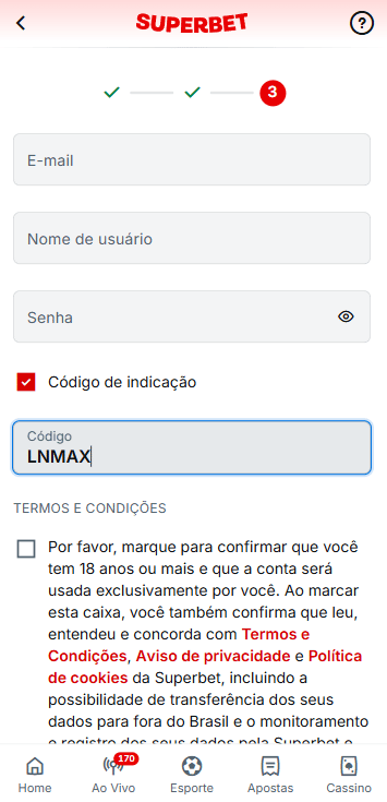 Formulário de cadastro superbet com código de indicação LNMAX para iniciantes