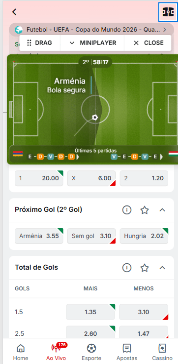 Campinho ao vivo na Superbet com opção mini player e reposicionar na tela