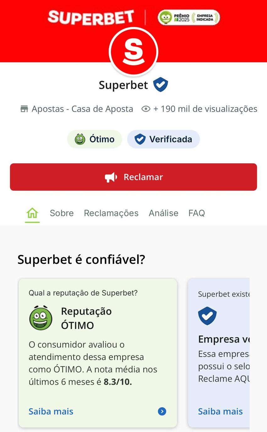 Captura de tela mostra a conta da Superbet no Reclame Aqui.