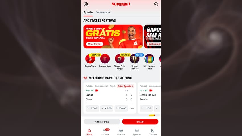 Captura de tela da Superbet, uma plataforma que mais paga.