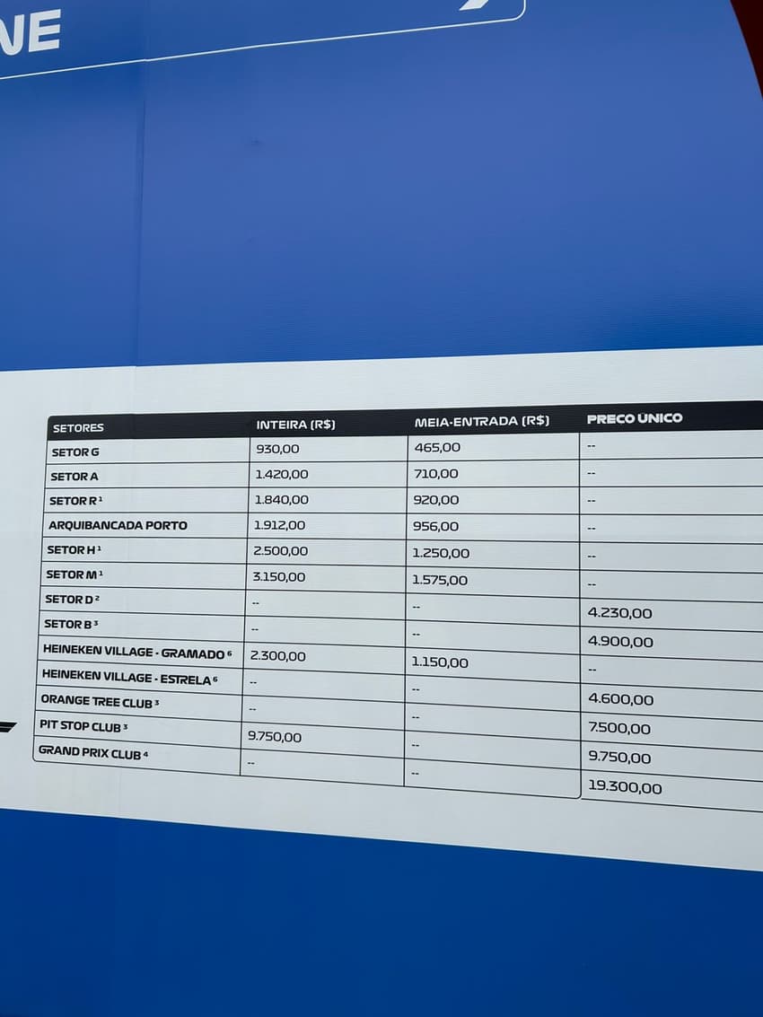 Tabela de preços oficiais exposta na bilheteria do autódromo