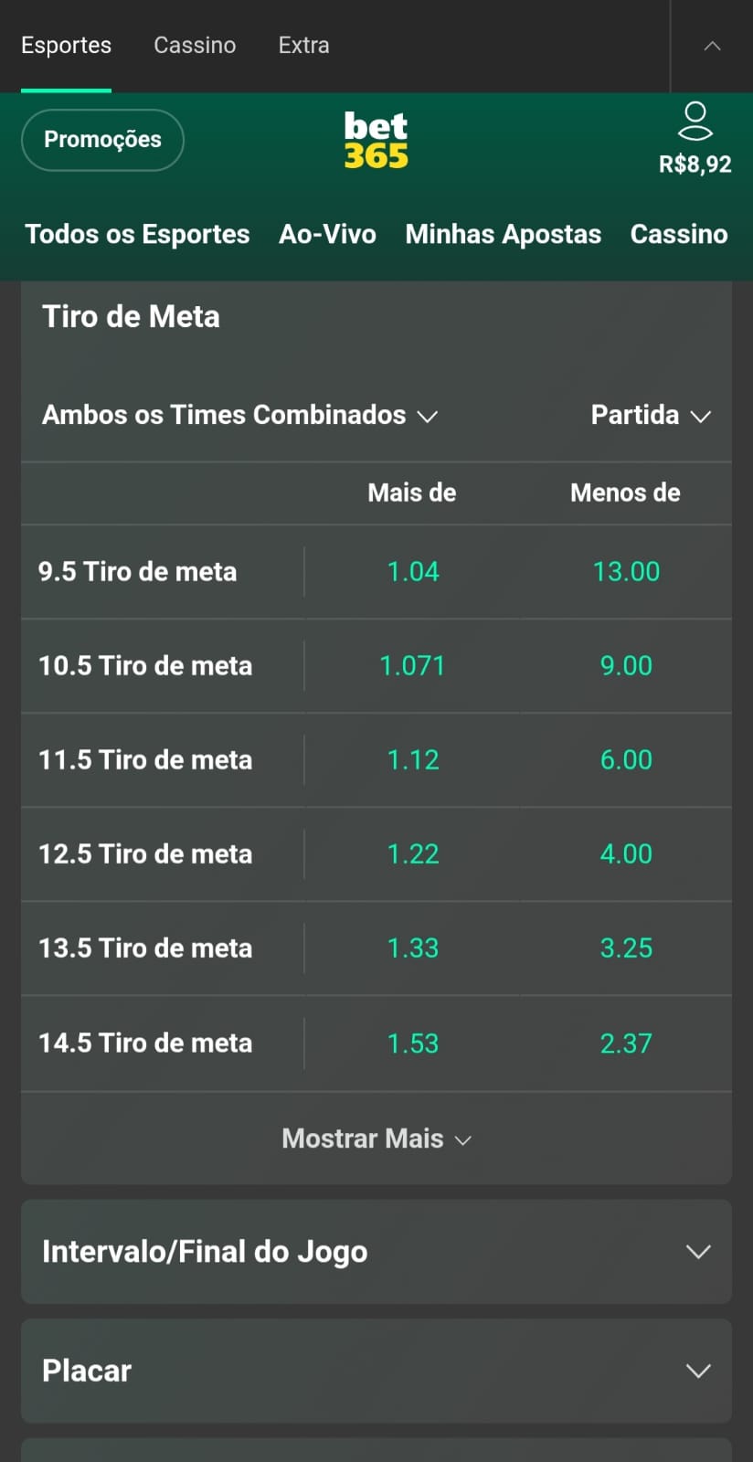 Captura de tela do mercado de tiro de meta na Bet365