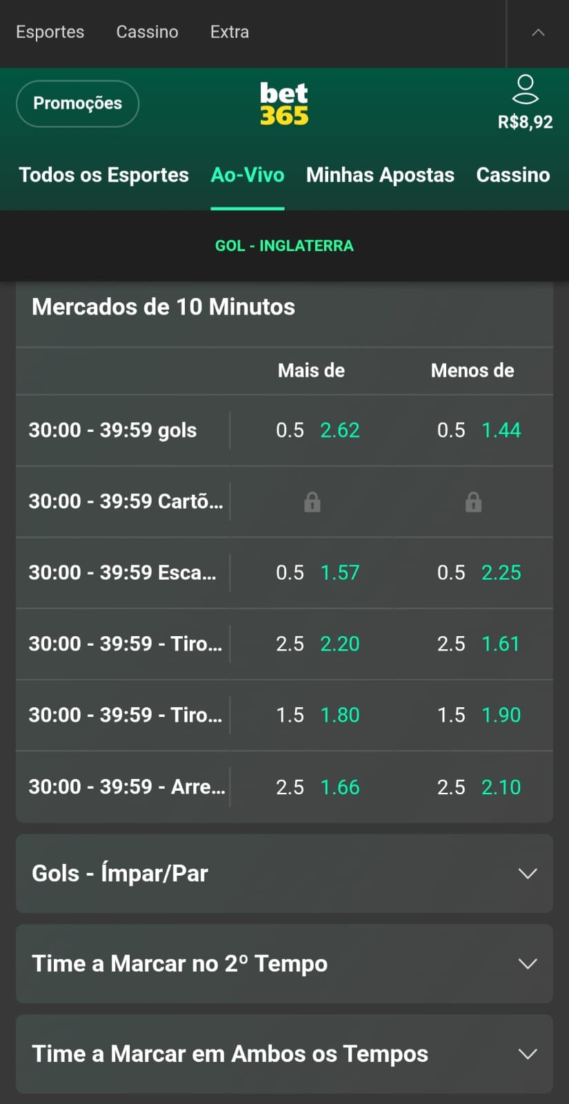 Captura de tela da página de mercados de 10 minutos na Bet365