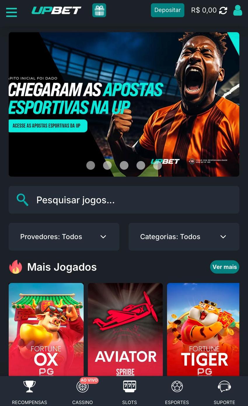 Captura da página inicial da plataforma de 5 reais Upbet.