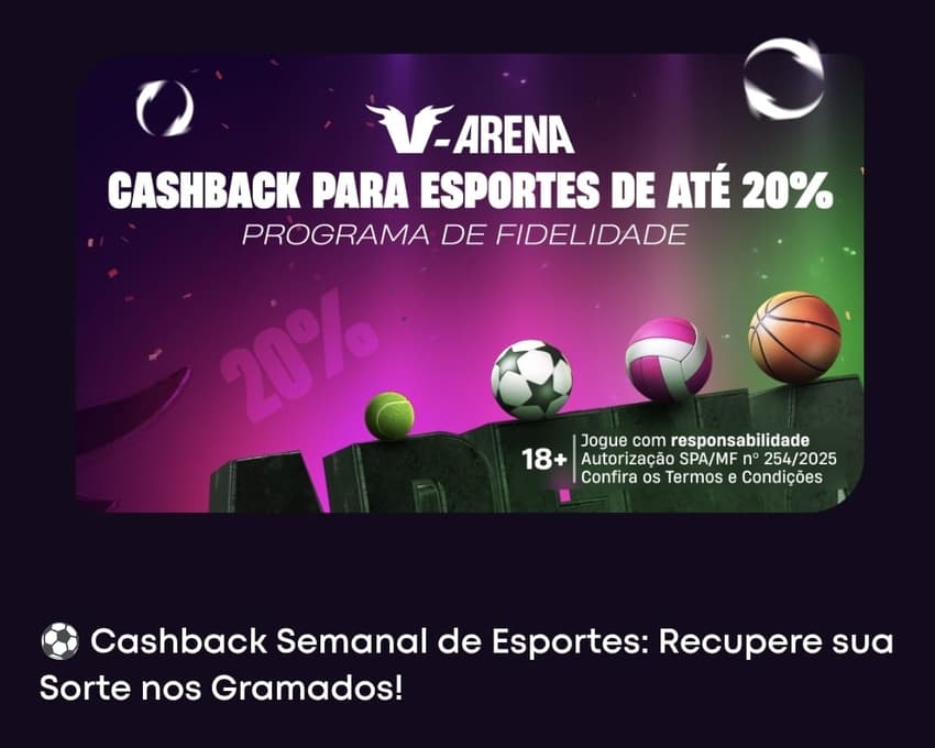 Captura de tela da oferta de cashback em esportes de até 20% na Vbet.