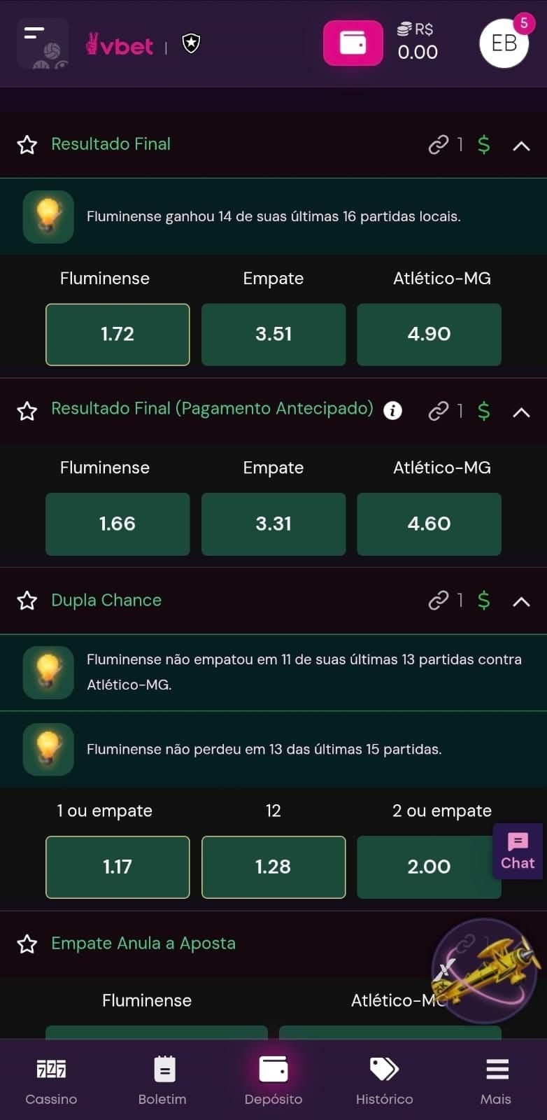 Captura de tela da Vbet em um jogo do brasileirão exibindo os mercados ativos e os insights para criar aposta.