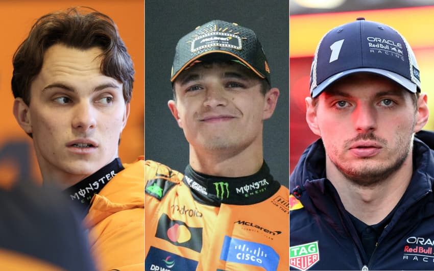 Oscar Piastri, Lando Norris e Max Verstappen disputam o título da F1 (Fotos: Patrick T. Fallon / AFP // Frederic J. Brown / AFP // Mason/Getty Images/AFP)
