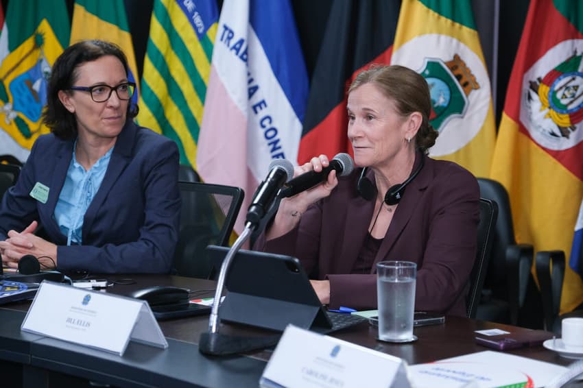 Jill Ellis durante reunião em Brasília para tratar de Copa do Mundo Feminina 2027, que será no Brasil. (Foto: Henrique Barrios/MEsp)
