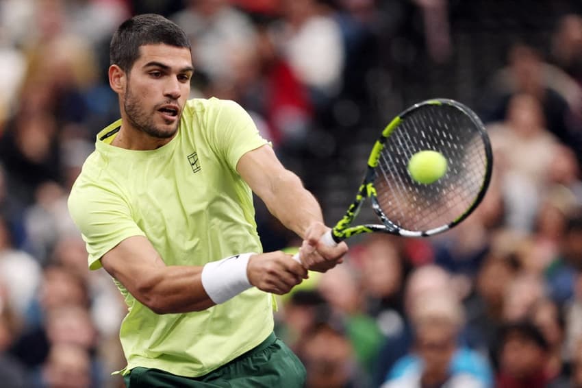 O espanhol Carlos Alcaraz na derrota para o americano Frances Tiafoe em Nova Jersey (Foto: Sarah Stier /AFP)