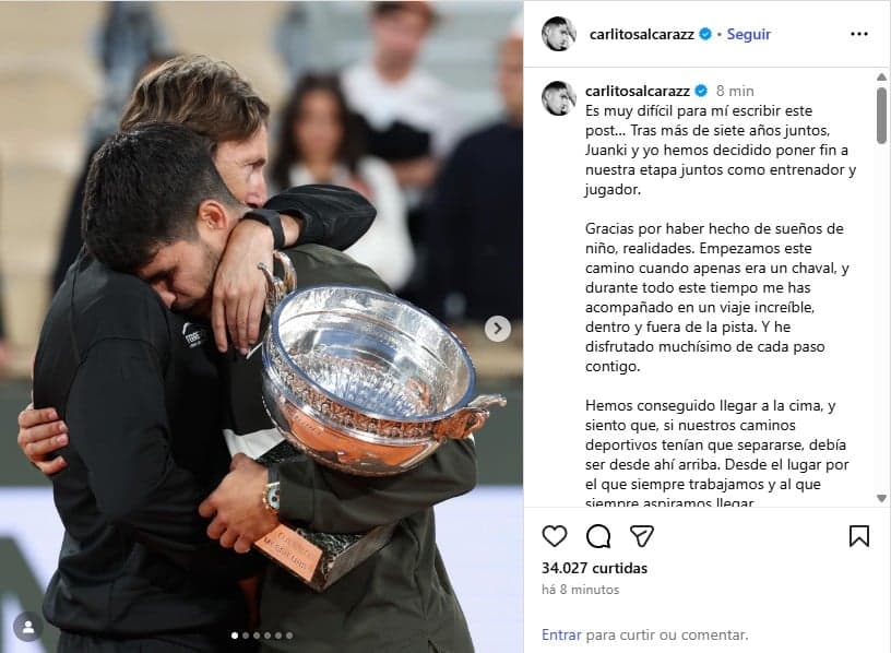 Carlos Alcaraz se despede do seu treinador (Foto: Reprodução/Instagram)