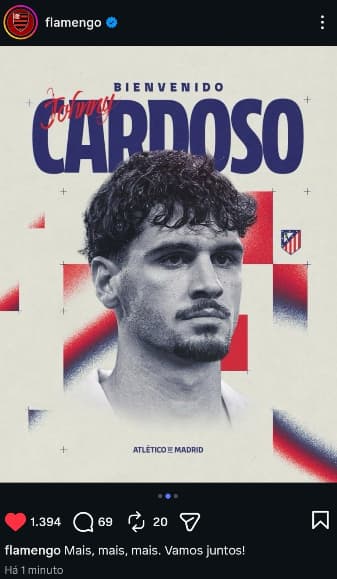 Flamengo colocou uma foto de Jhonny Cardoso em meio a publicação de renovação de Filipe Luís (Foto: Reprodução)