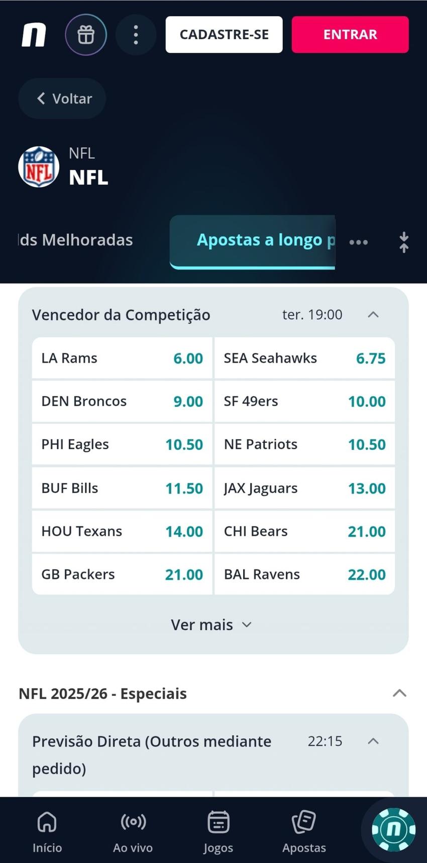 Mercados de vencedor do Super Bowl na Novibet