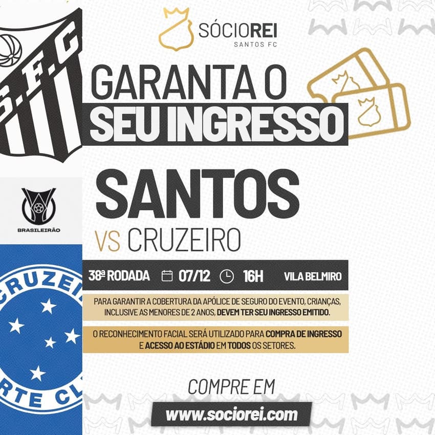 Santos divulga a venda dos ingressos para o último jogo em casa pelo Brasileirão. (Foto: Divulgação/ Santos FC)
