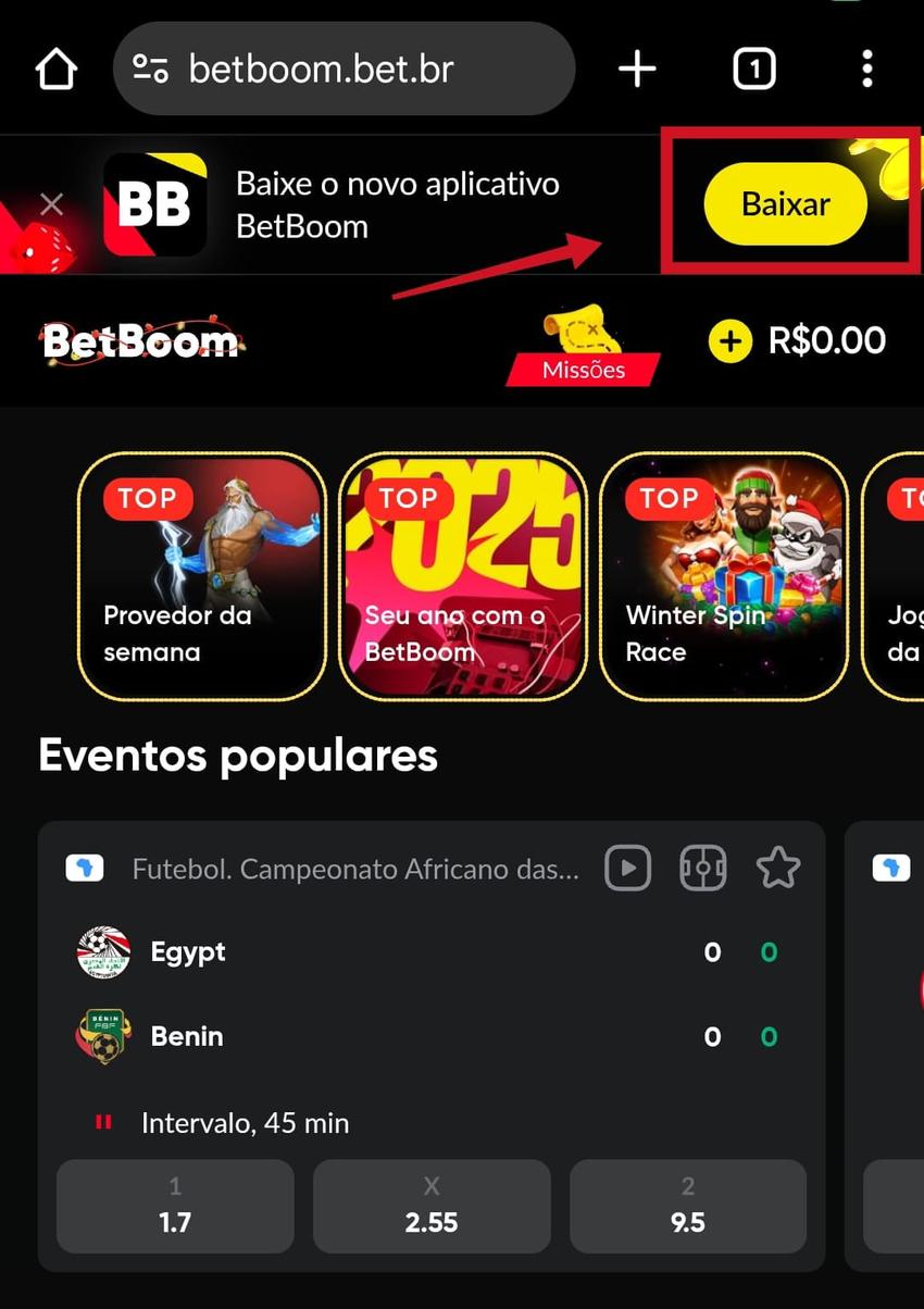 Captura de tela da página inicial da Betboom com pop-up para baixar o aplicativo oficial na Play Store.