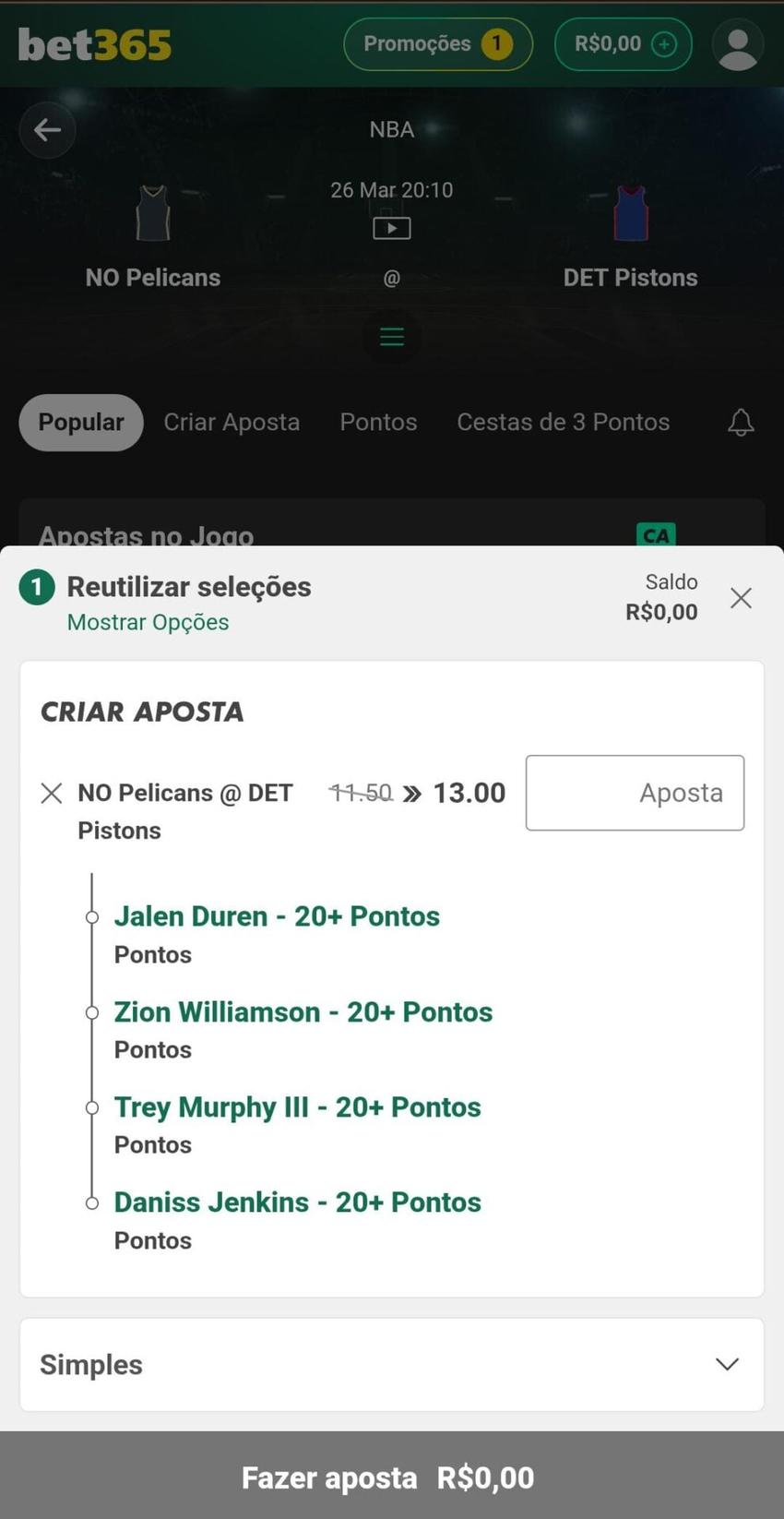 Captura da tela de aposta no basquete na bet365.
