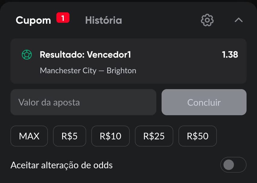 Captura de tela do bilhete de apostas na Betboom com evento da Premier League.